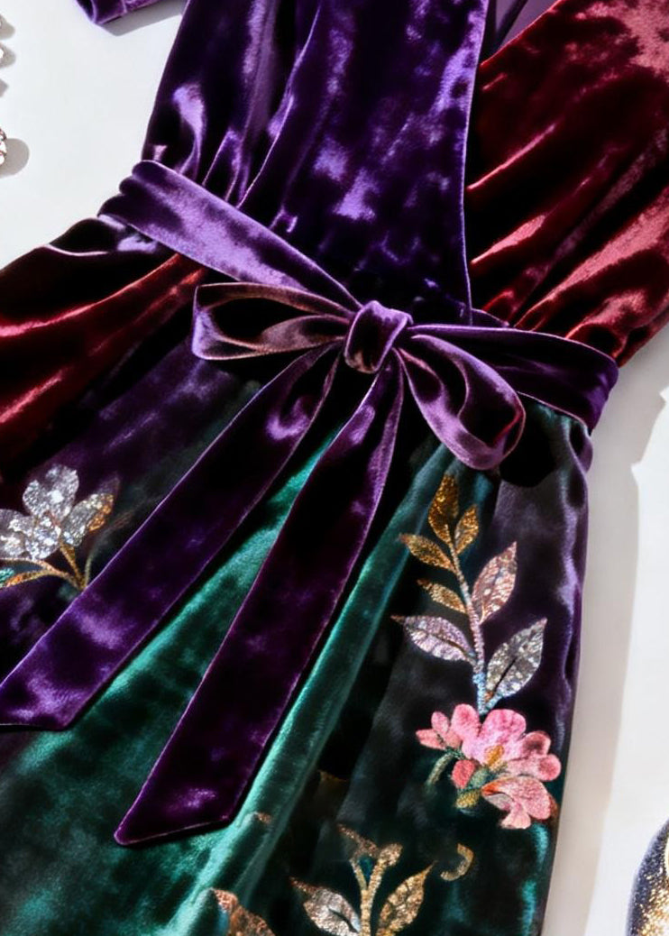 Velvet Wrap V-Neck Short Sleeve Sequin Floral Embroidered A-Line Midi Dress