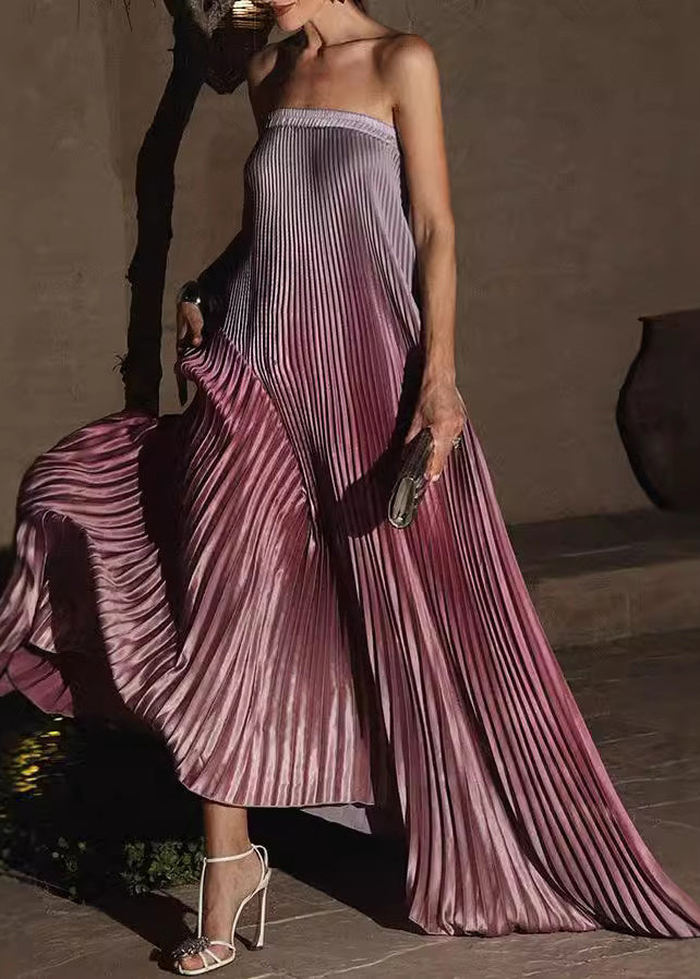 Strapless Accordion Pleat Plisse Column Floor Length Maxi Gown