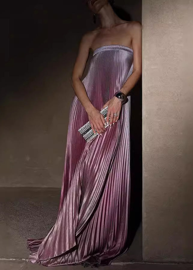 Strapless Accordion Pleat Plisse Column Floor Length Maxi Gown