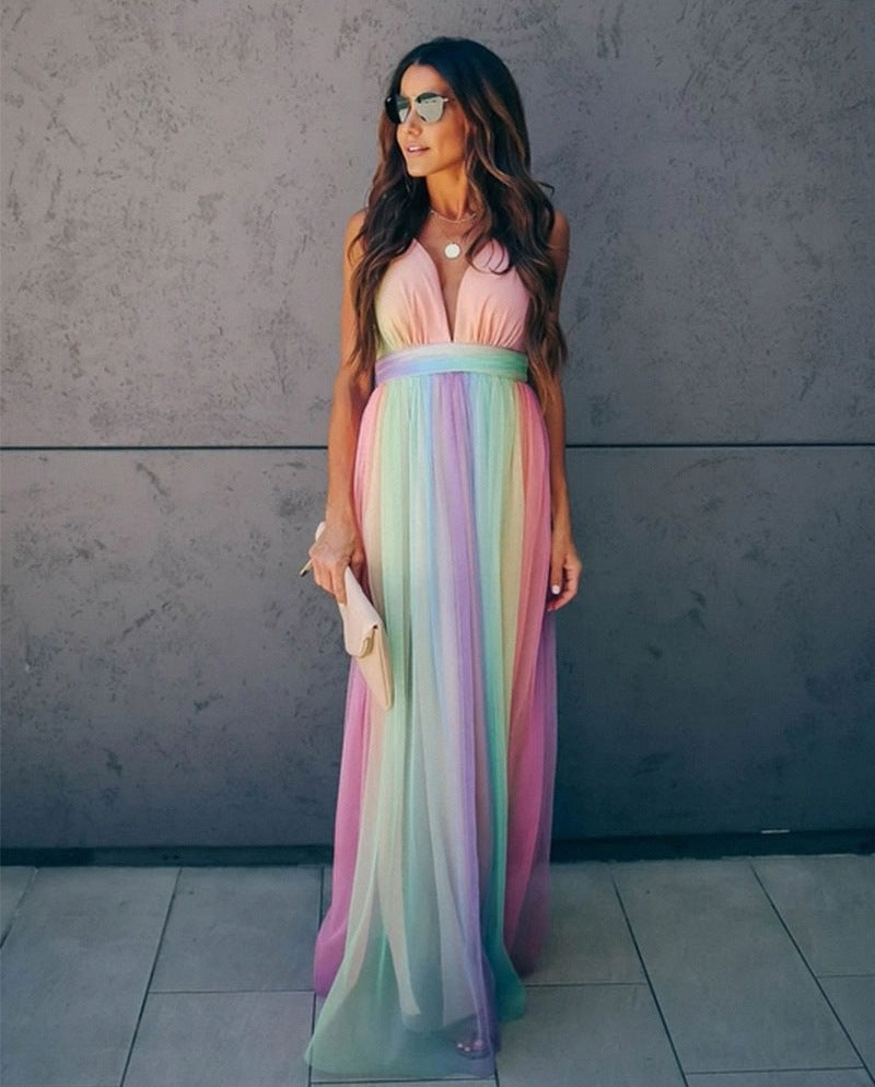 Deep V-Neck Empire Waist Sleeveless Striped Tulle Maxi Dress