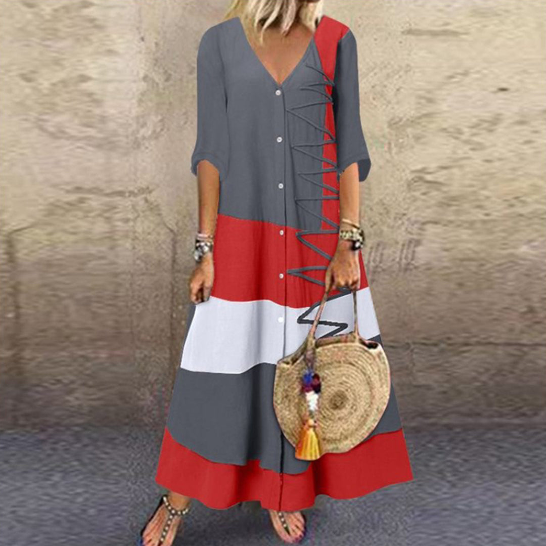 V-Neck Three Quarter Sleeve Button Front Lace Up Trim Maxi Summer Dress