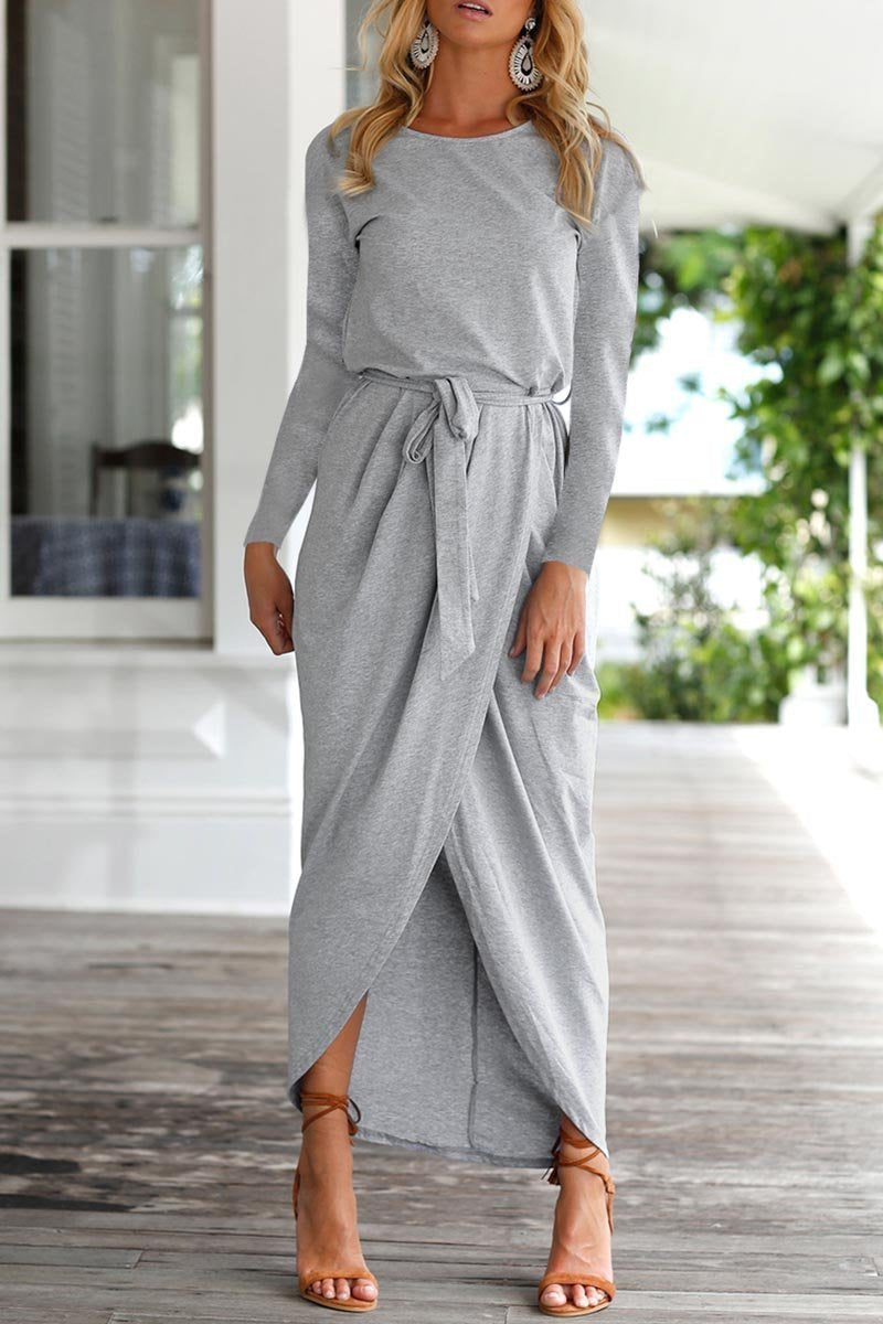 Boat Neck Long Sleeve Tie Waist Wrap Tulip Hem Front Slit Midi Dress