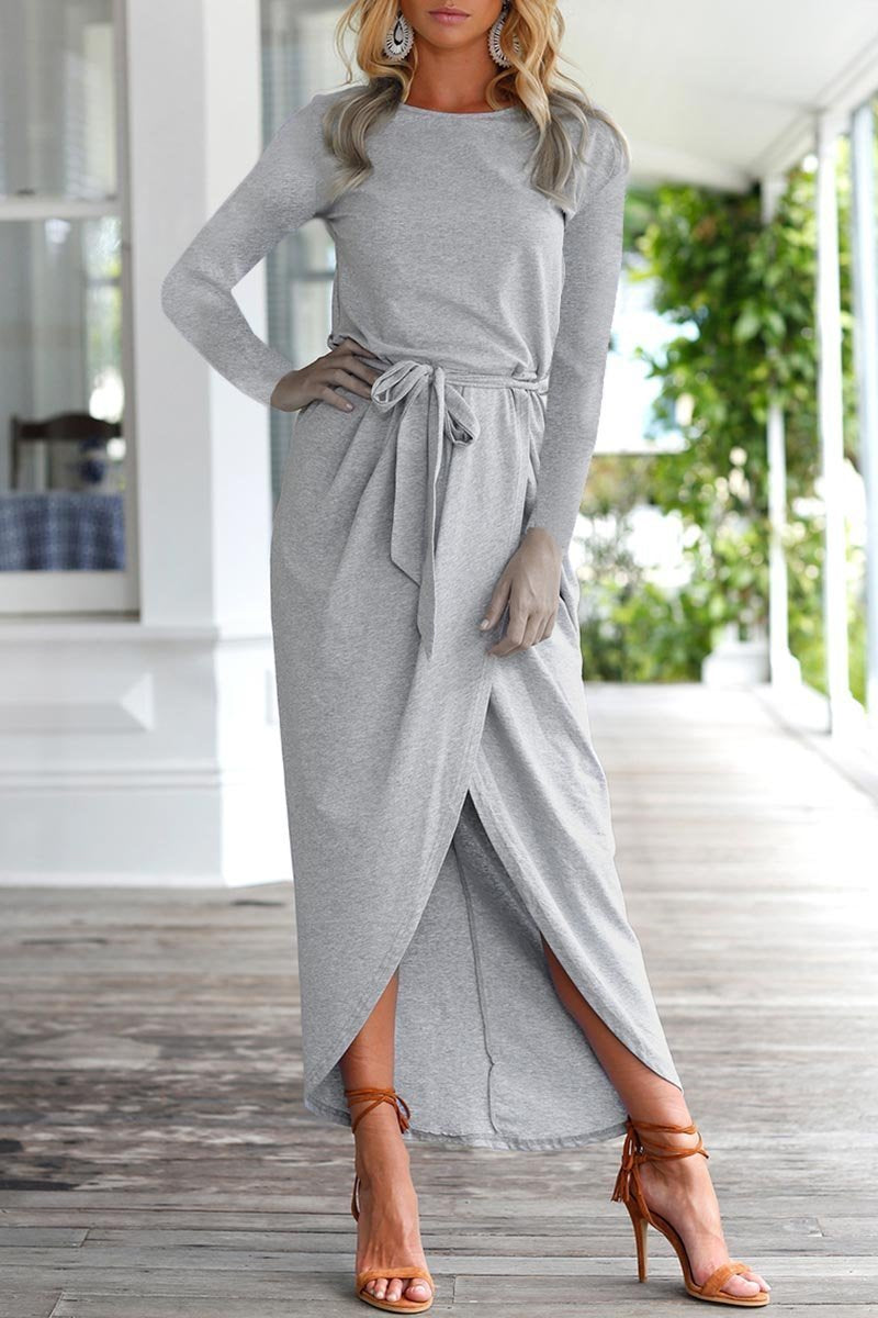 Boat Neck Long Sleeve Tie Waist Wrap Tulip Hem Front Slit Midi Dress