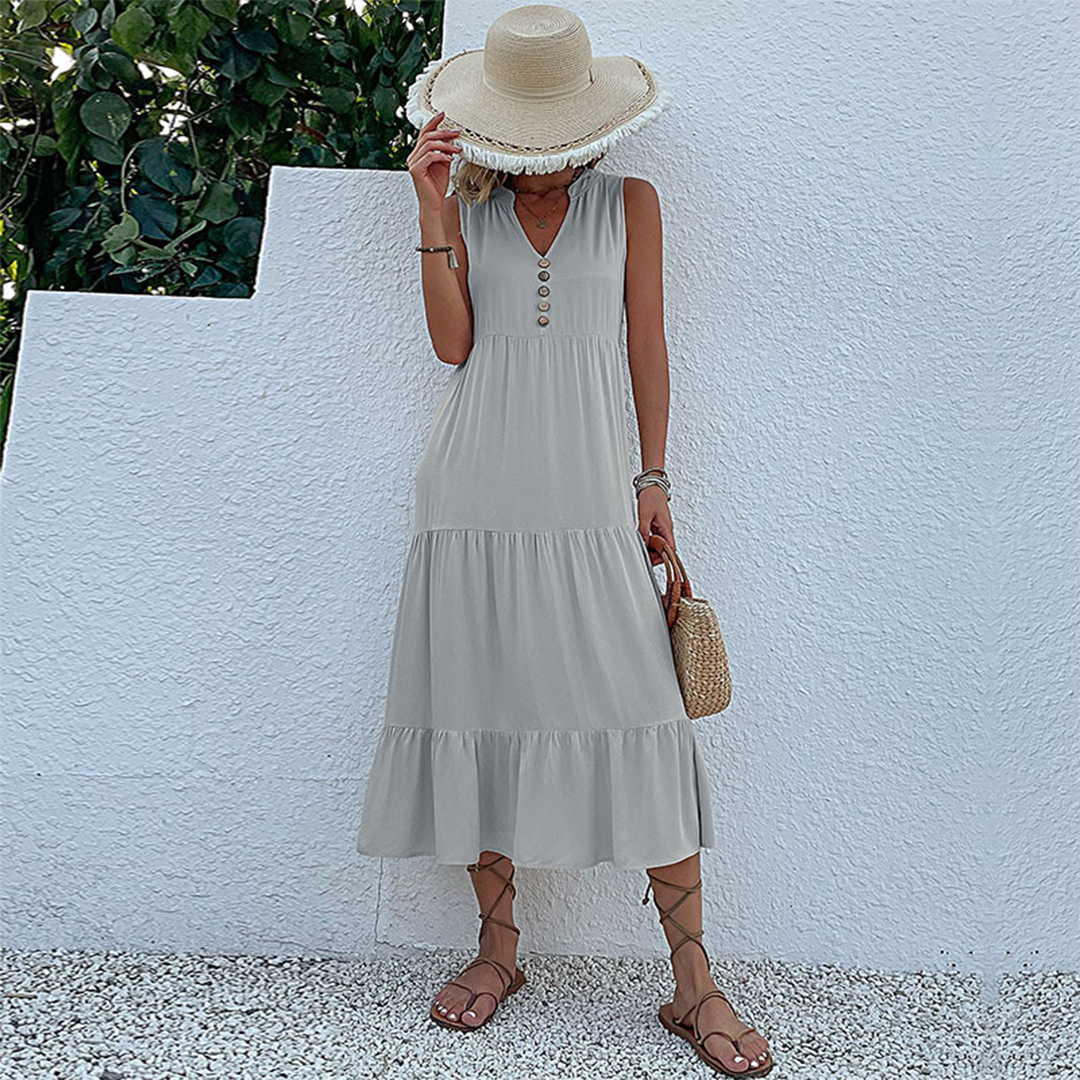 Sleeveless V-Neck Button Front Tiered Babydoll Midi Summer Dress