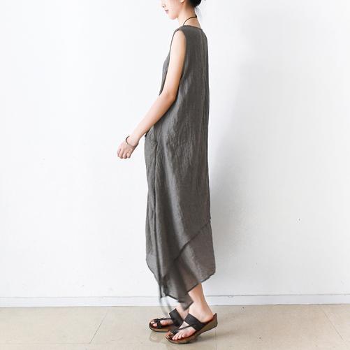 Gray asymmetrical cotton dresses summer maxi dresses sleeveless