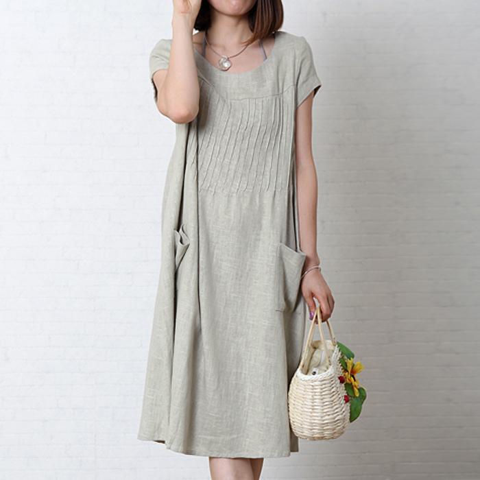 Gray loose linen summer maxi dress oversize cotton sundress