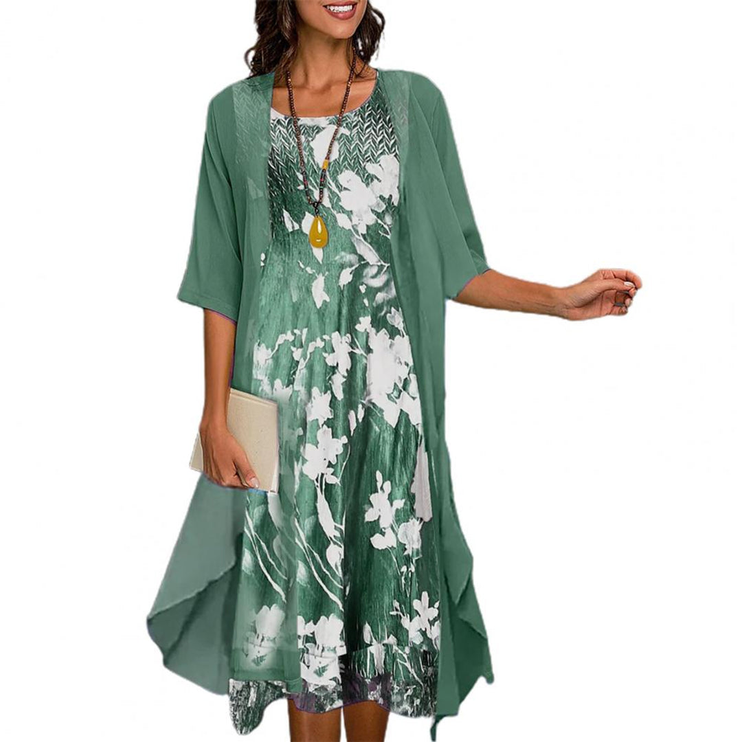 Floral Print Round Neck Midi Dress and Sheer Open Front Cardigan Two-Piece Set