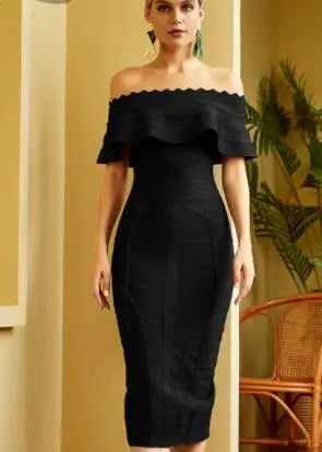 Off Shoulder Ruffle Overlay Scalloped Trim Bandage Bodycon Midi Dress 6