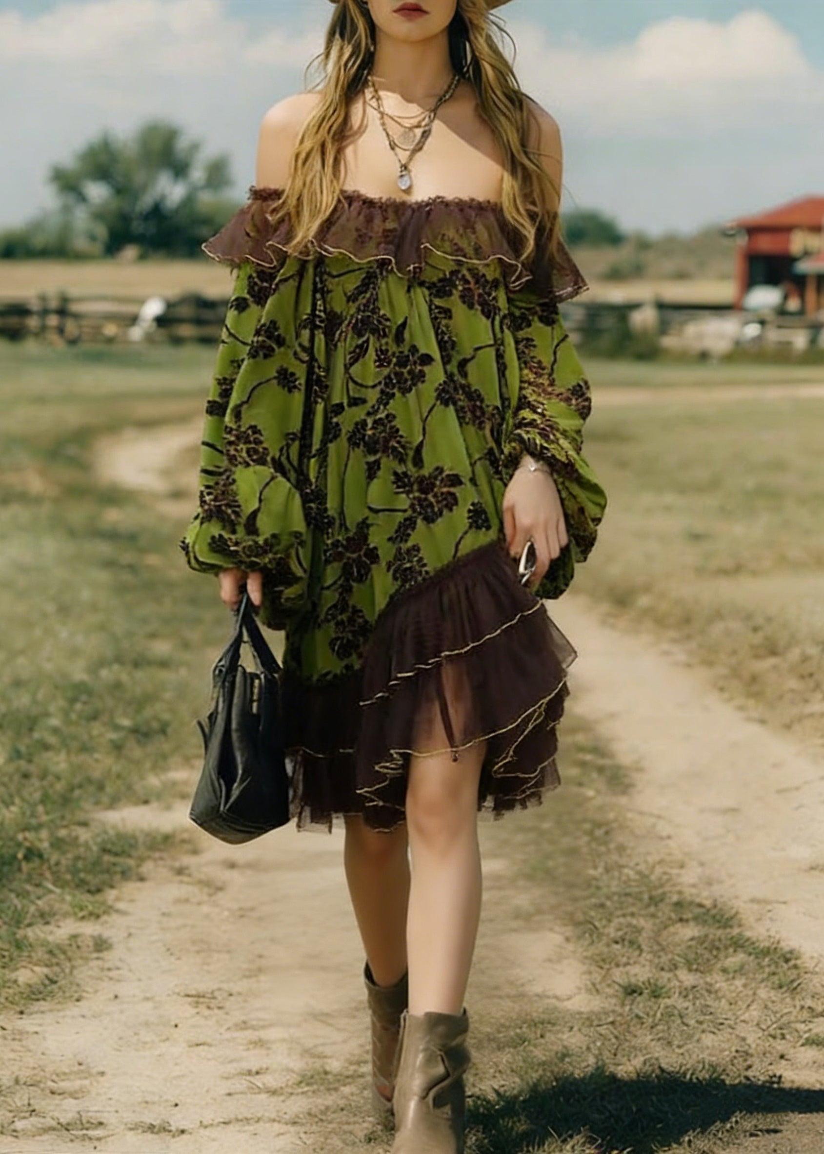 Off Shoulder Floral Print Velvet Tulle Trim Lantern Sleeve Ruffle Mini Dress