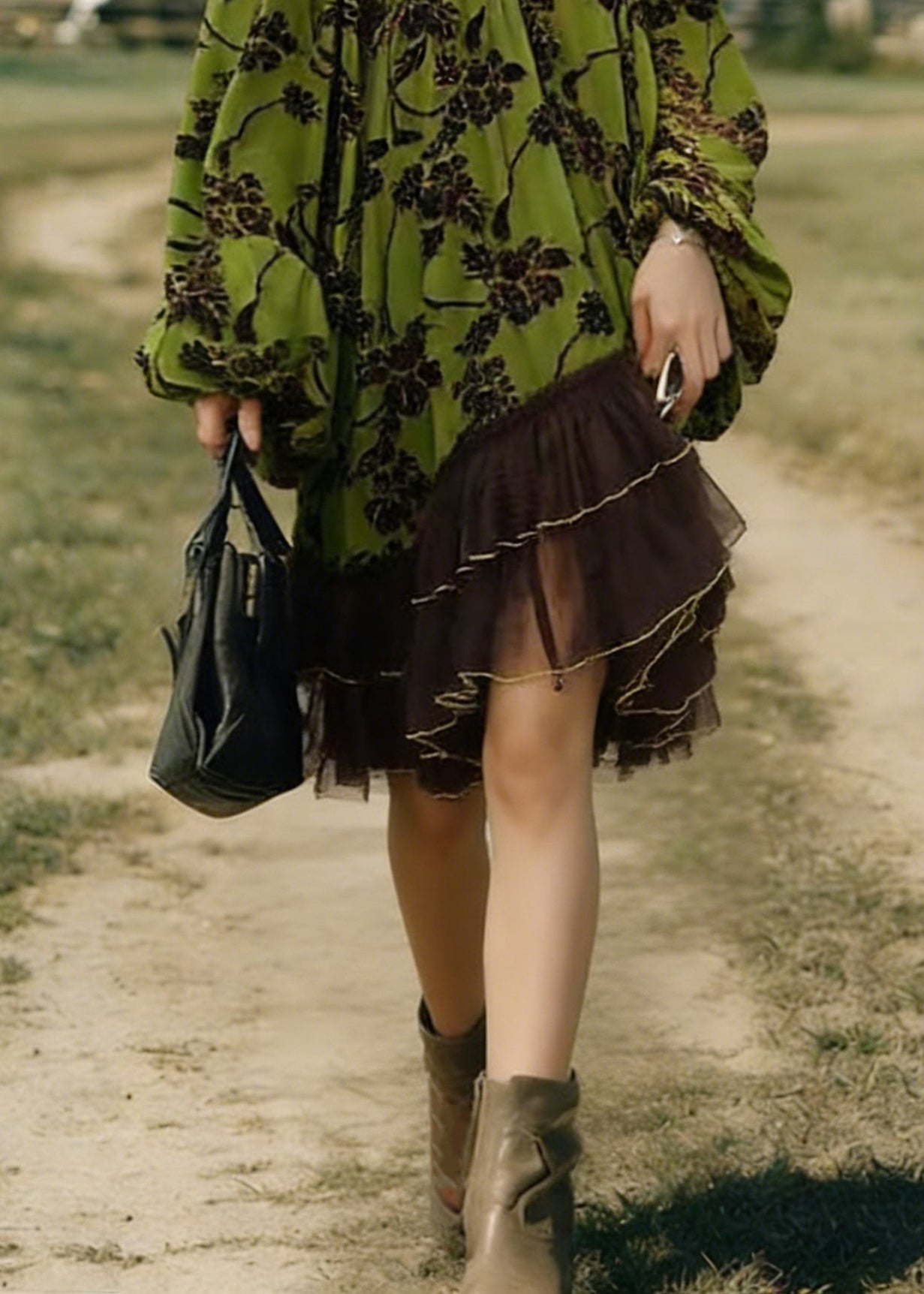 Off Shoulder Floral Print Velvet Tulle Trim Lantern Sleeve Ruffle Mini Dress
