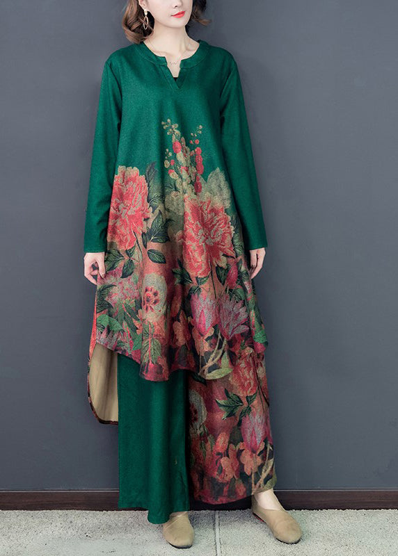 Floral Print Long Sleeve Split Neck High Low Tunic Wide Leg Pants Two Piece Set
