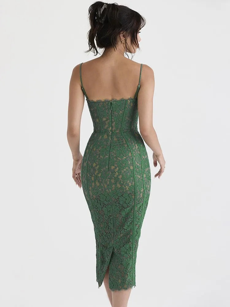 Lace Sweetheart Spaghetti Strap Corset Bodycon Midi Dress