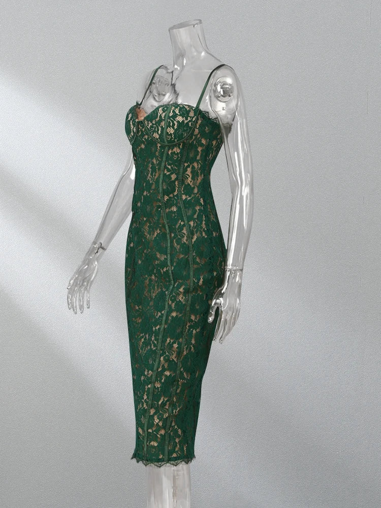 Lace Sweetheart Spaghetti Strap Corset Bodycon Midi Dress