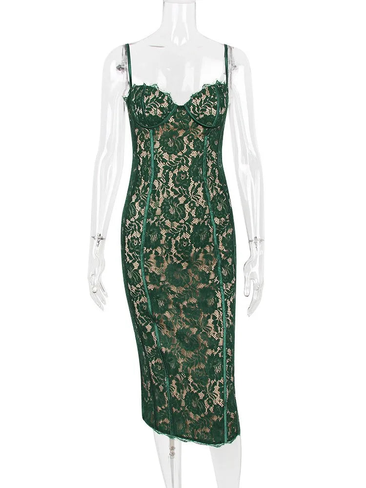 Lace Sweetheart Spaghetti Strap Corset Bodycon Midi Dress