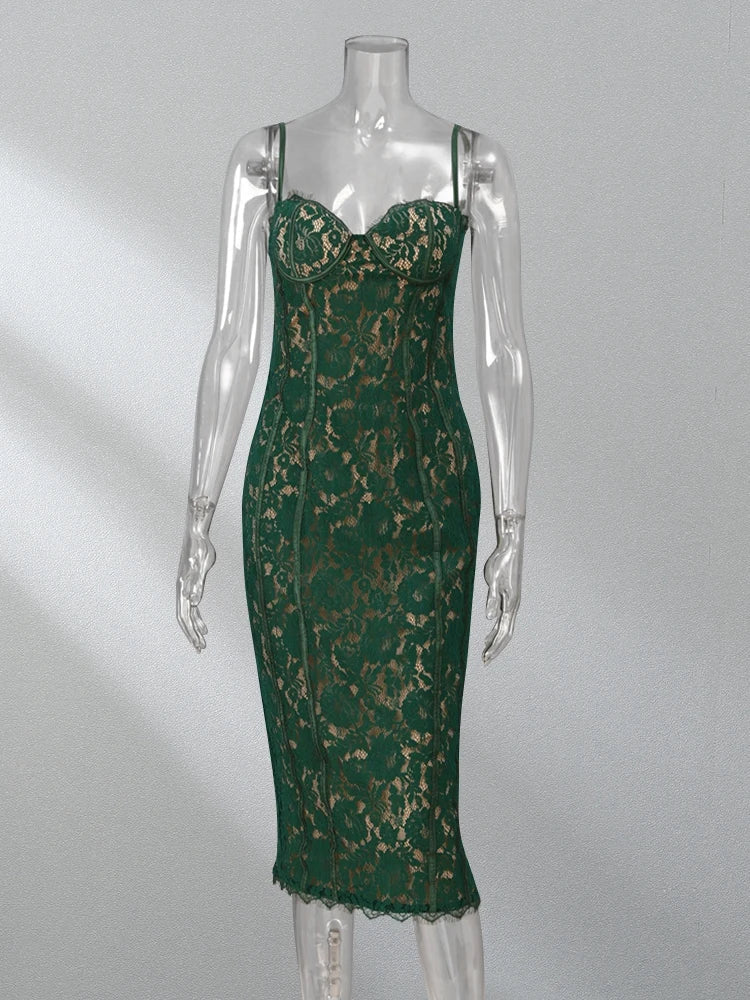 Lace Sweetheart Spaghetti Strap Corset Bodycon Midi Dress