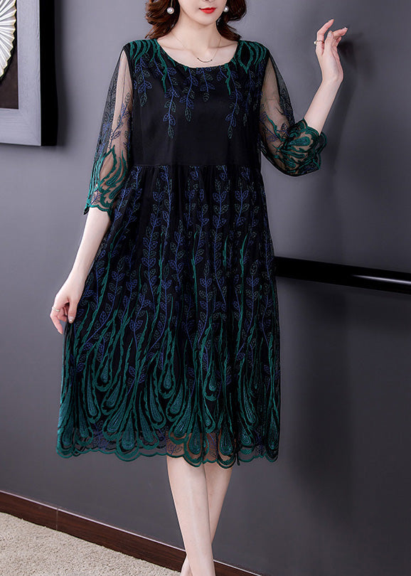 Green O-Neck Print Tulle Silk Long Dress Half Sleeve