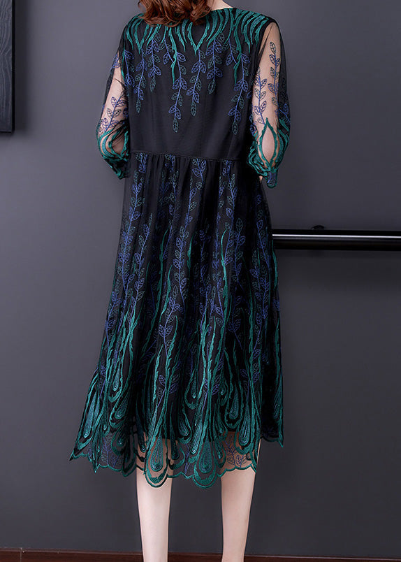 Mesh Crew Neck Three Quarter Sleeve Peacock Embroidery Scalloped Hem Midi Dress