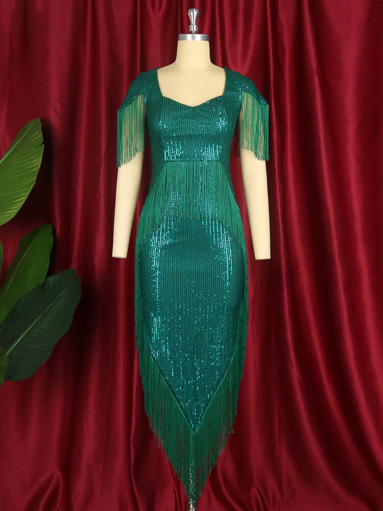 Sequin Sweetheart Short Sleeve Fringe Trim Bodycon Midi Dress