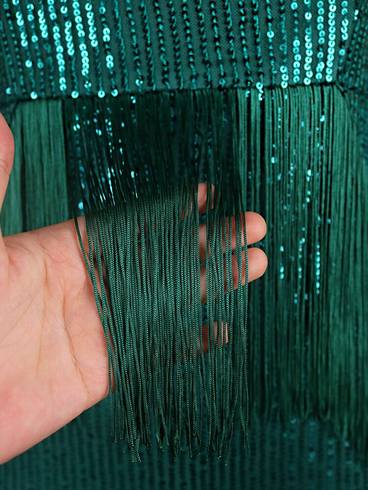 Sequin Sweetheart Short Sleeve Fringe Trim Bodycon Midi Dress