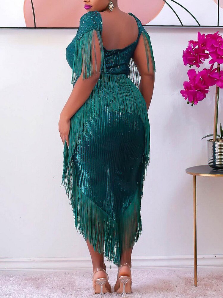 Sequin Sweetheart Short Sleeve Fringe Trim Bodycon Midi Dress