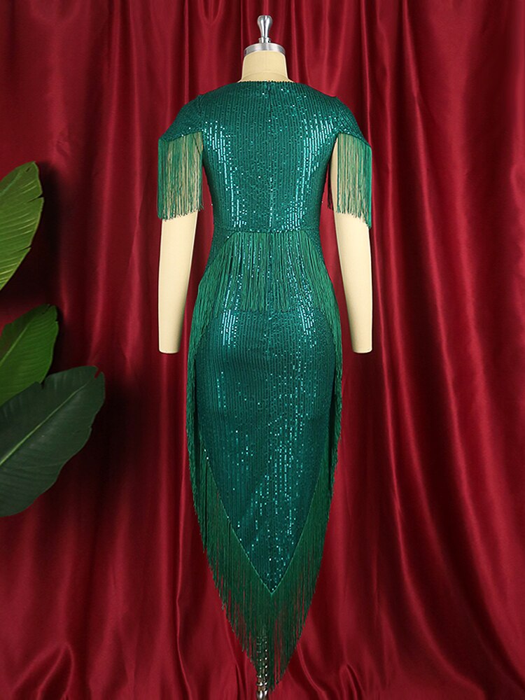 Sequin Sweetheart Short Sleeve Fringe Trim Bodycon Midi Dress
