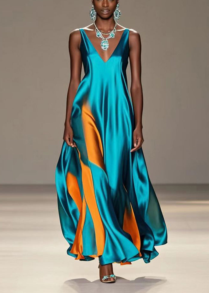 Satin Wave Panel Deep V-Neck Spaghetti Strap Flared Floor Length Gown