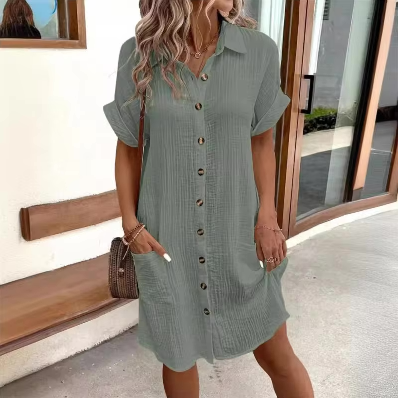 Textured Gauze Button Front Short Sleeve Shirt Dress
