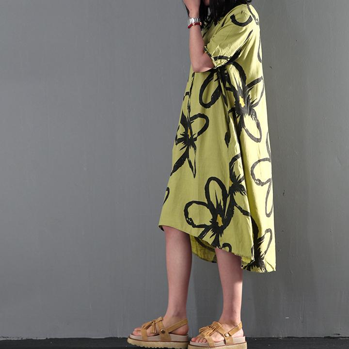 Green floral print maxi dress linen summer dress causal sundresses