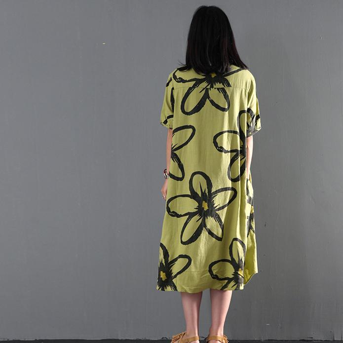 Green floral print maxi dress linen summer dress causal sundresses