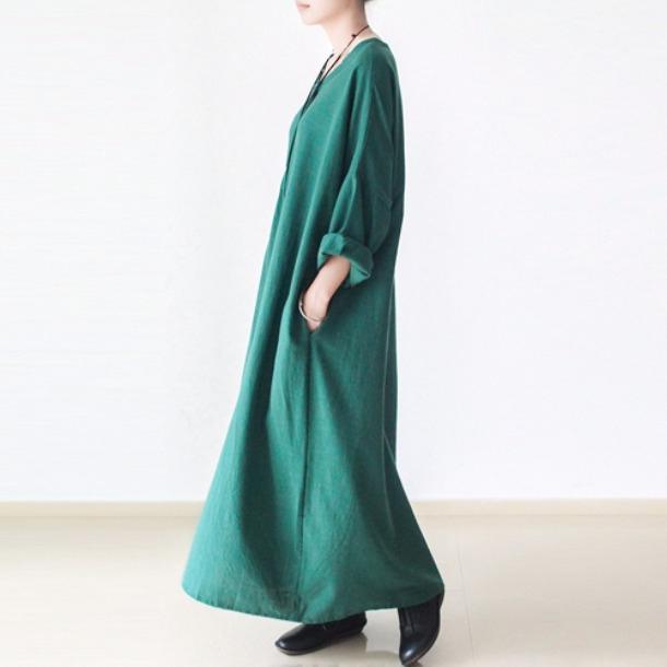 Green linen dresses long sleeves caftans cotton maxi dress