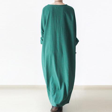 Green linen dresses long sleeves caftans cotton maxi dress