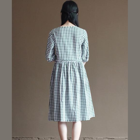 Green plaid sundress cotton summer fit flare dresses vintage style
