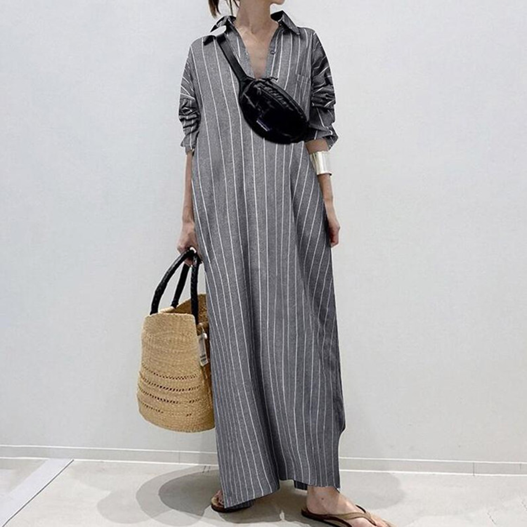 Pinstripe Oversized Button Front Long Sleeve Maxi Shirt Dress