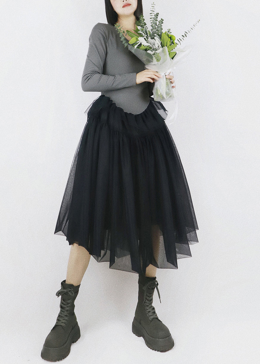 Faux Two-Piece Scoop Neck Long Sleeve Tulle Tiered Midi Dress