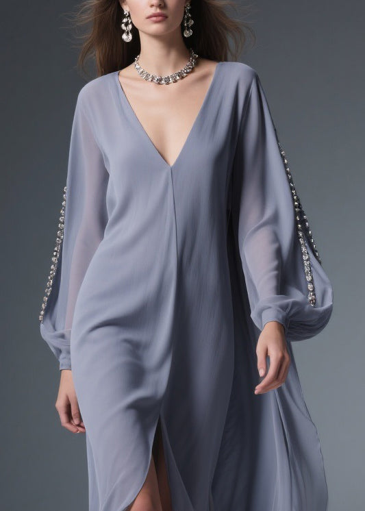 Chiffon Deep V-Neck Rhinestone Embellished Sleeve High Split Maxi Gown