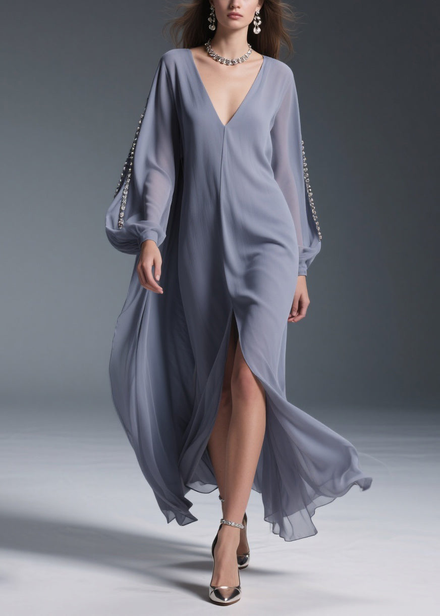 Chiffon Deep V-Neck Rhinestone Embellished Sleeve High Split Maxi Gown