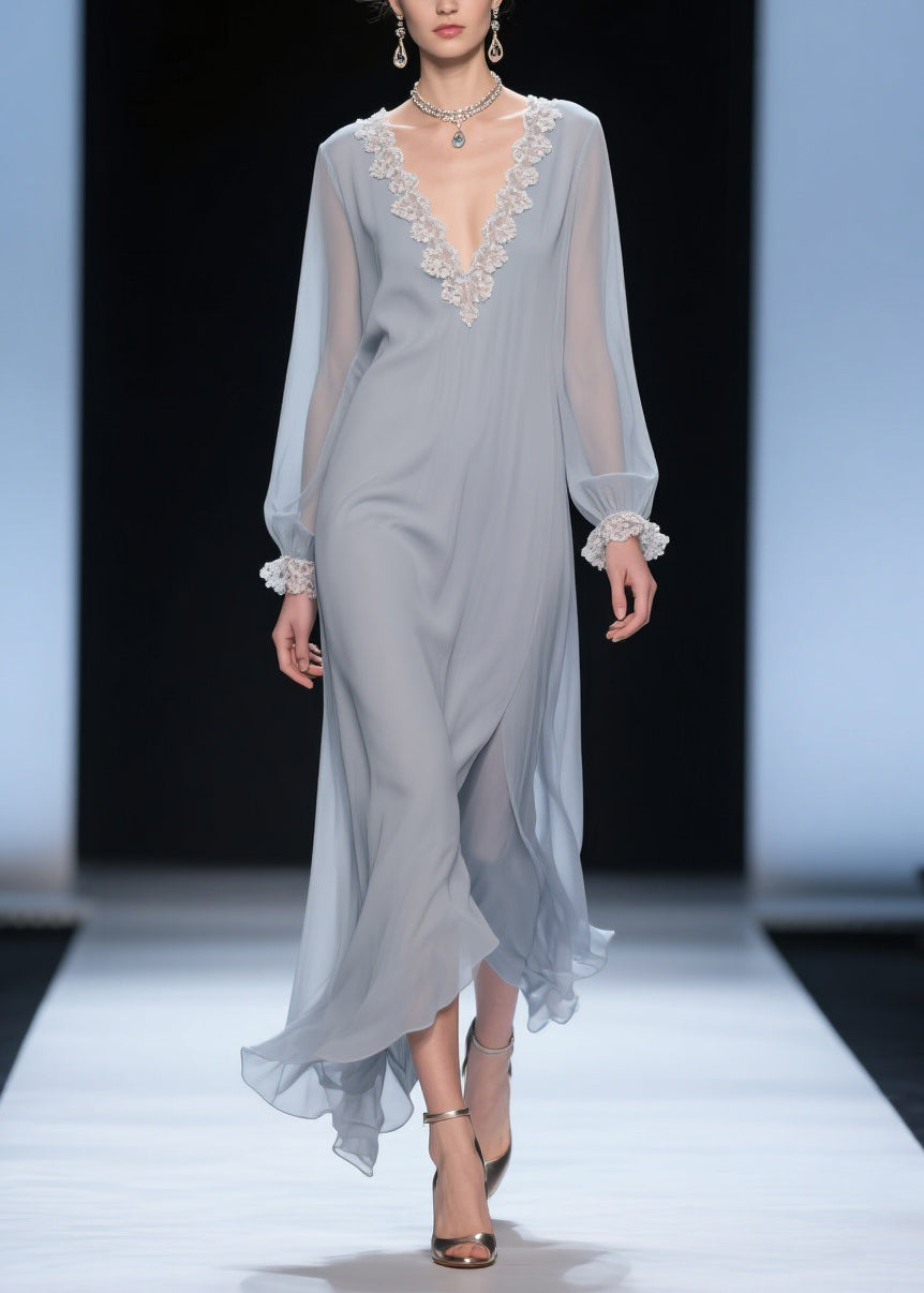 Chiffon Deep V-Neck Bishop Sleeve Lace Trim Layered Maxi Gown