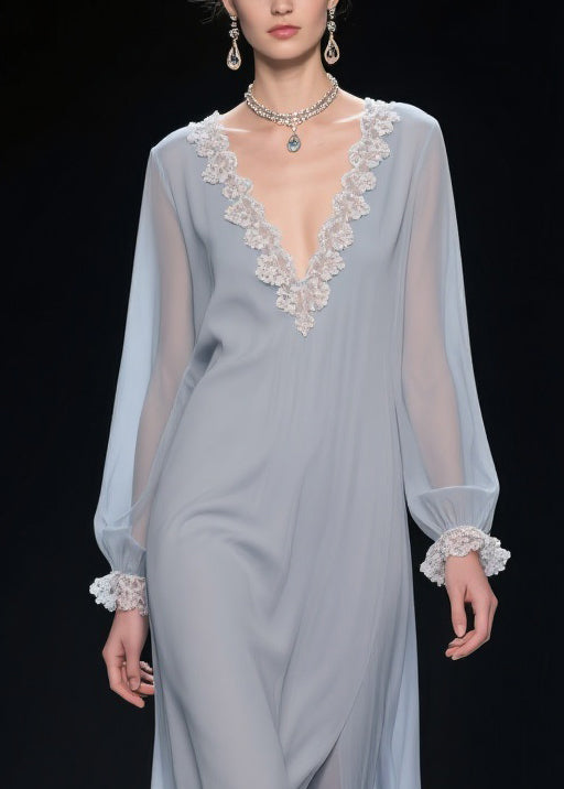 Chiffon Deep V-Neck Bishop Sleeve Lace Trim Layered Handkerchief Hem Maxi Gown