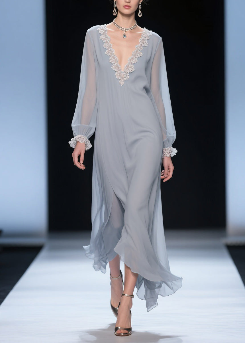 Chiffon Deep V-Neck Bishop Sleeve Lace Trim Layered Handkerchief Hem Maxi Gown