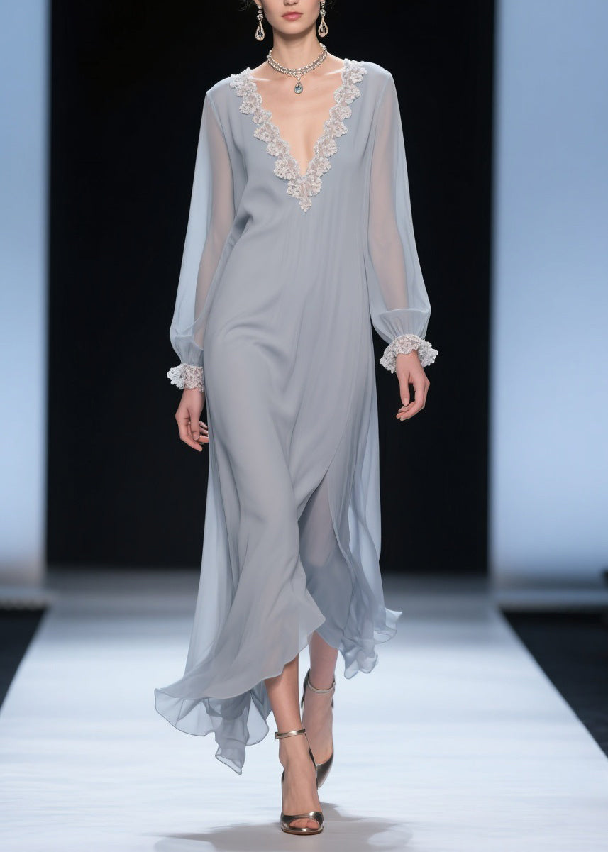 Chiffon Deep V-Neck Bishop Sleeve Lace Trim Layered Maxi Gown - View 5