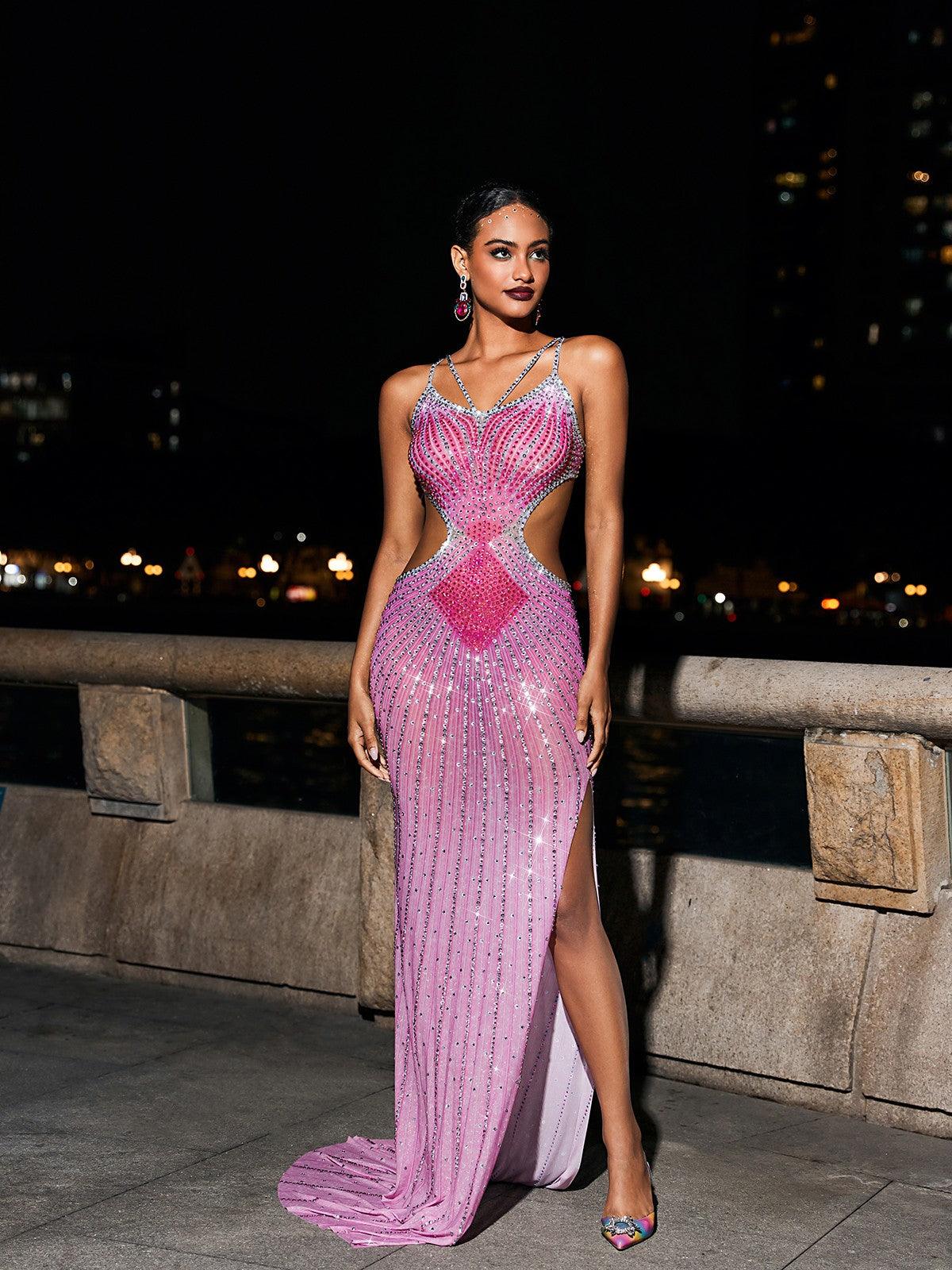 Rhinestone Deep V-Neck Crisscross Strap Cut Out Waist Mermaid Maxi Gown