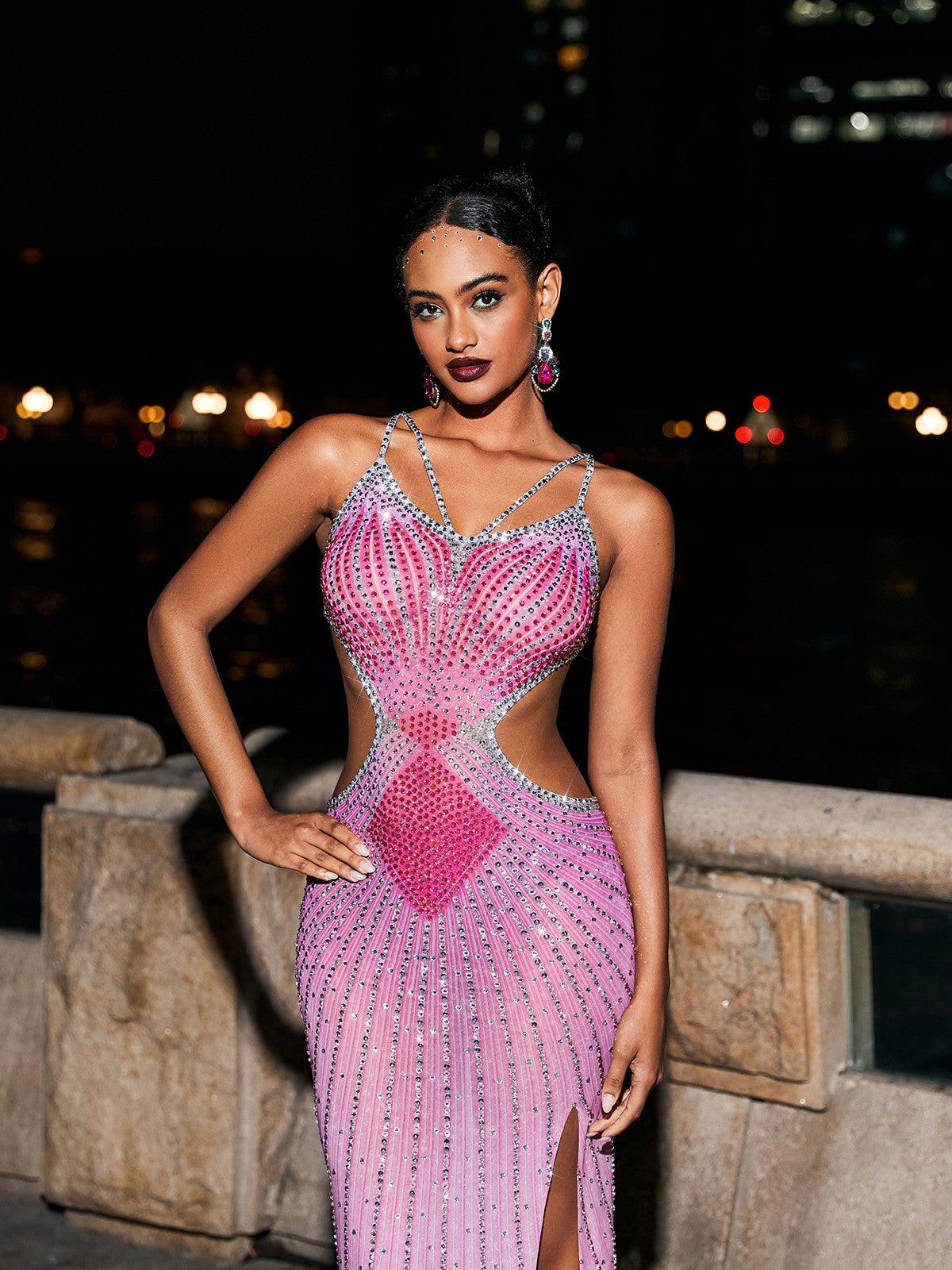 Rhinestone Deep V-Neck Crisscross Strap Cut Out Waist Mermaid Maxi Gown