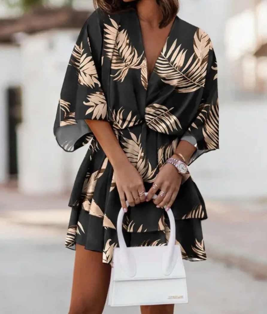 Floral Print V-Neck Kimono Sleeve Twist Front Tiered Mini Dress