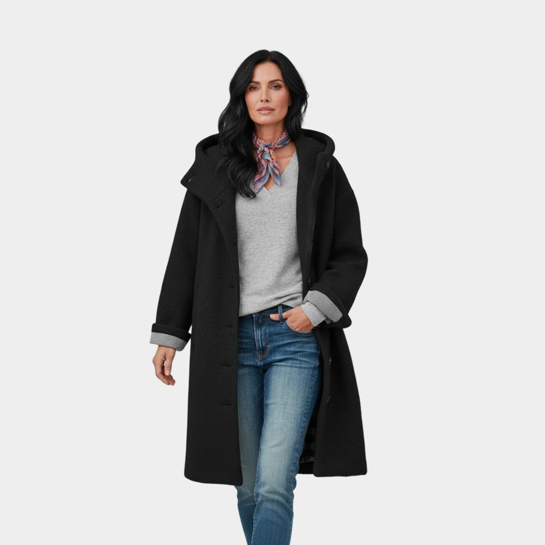 Hooded Button Front Longline Wool Look Coat