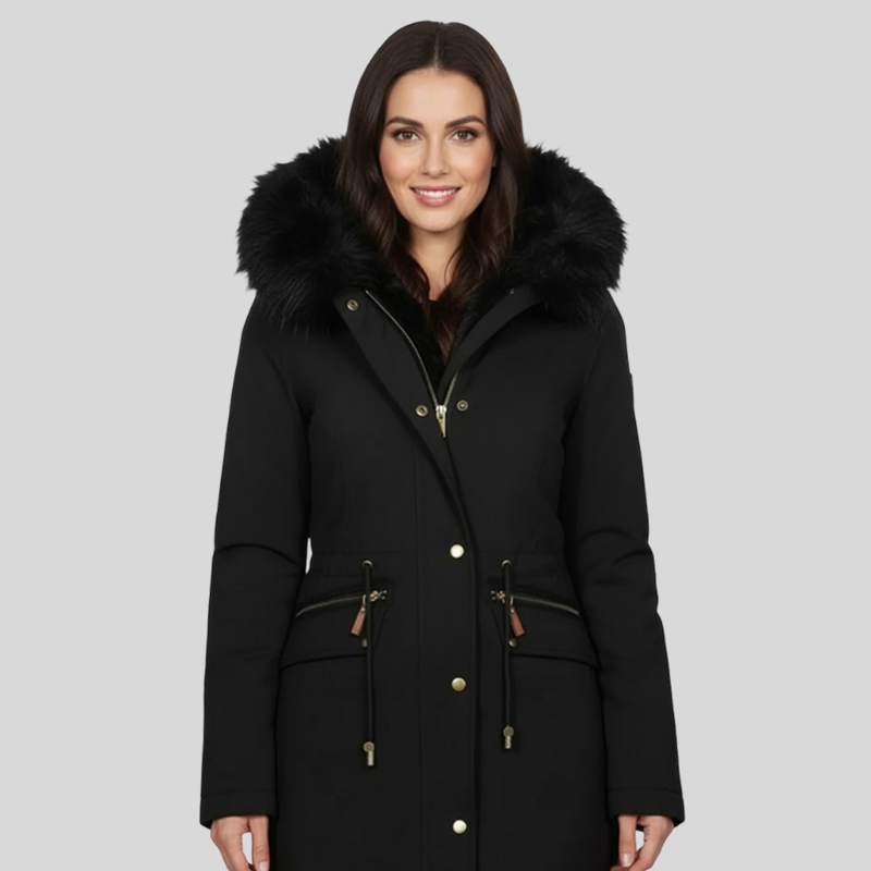 Faux Fur Hood Zip Front Drawstring Longline Parka Coat
