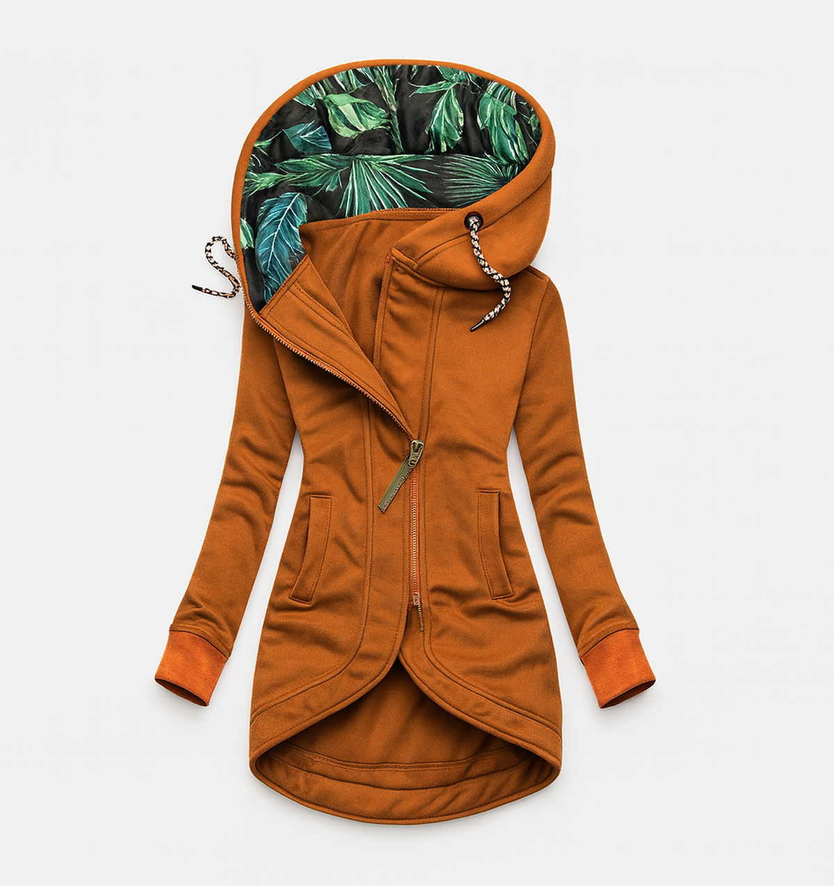 Hooded Asymmetric Zip High Low Longline Fleece Jacket
