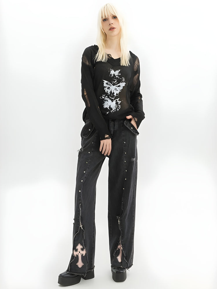 Grunge Cross Zip-Up Jeans