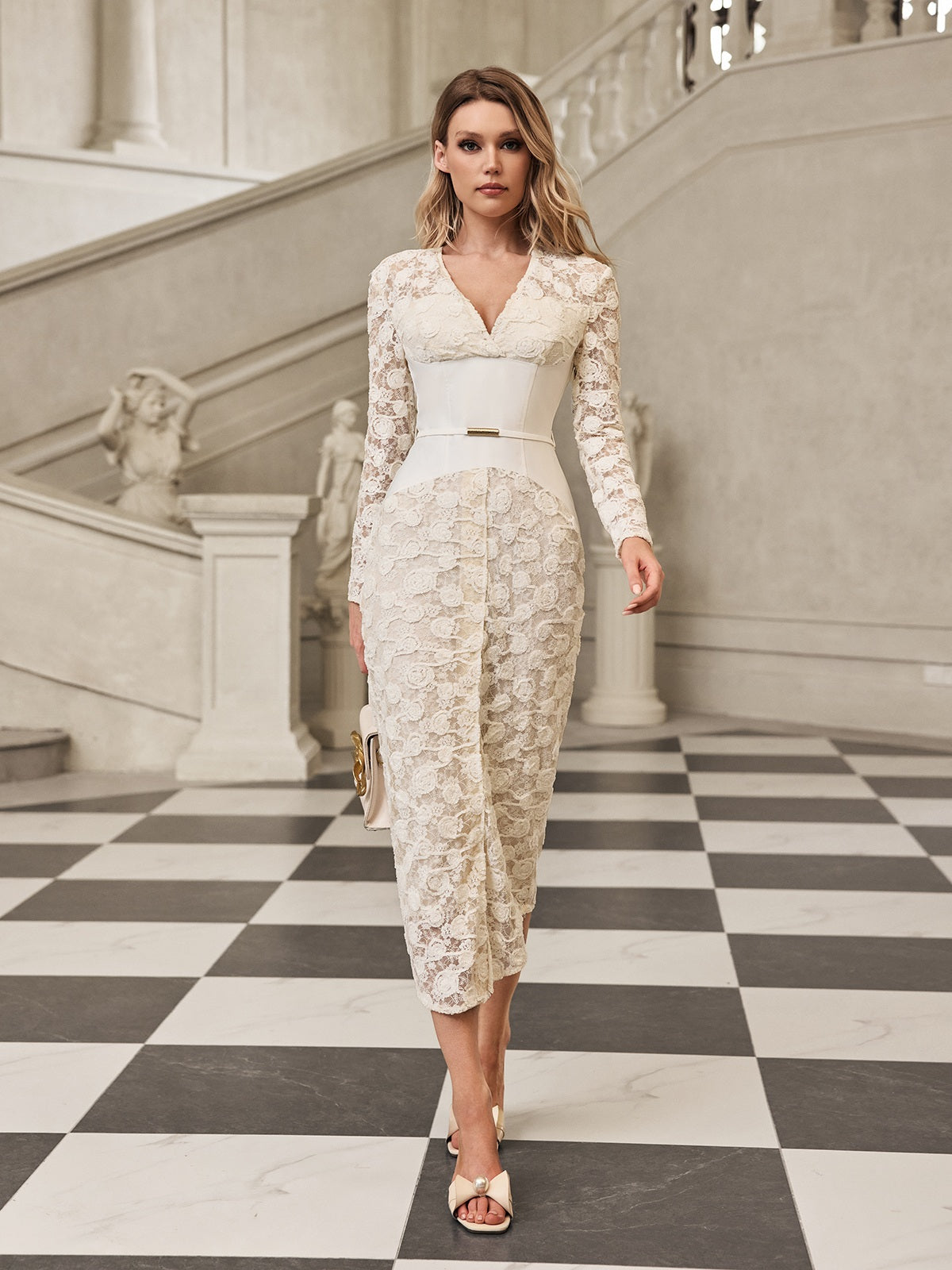 V Neck Lace Midi Dress - View 4