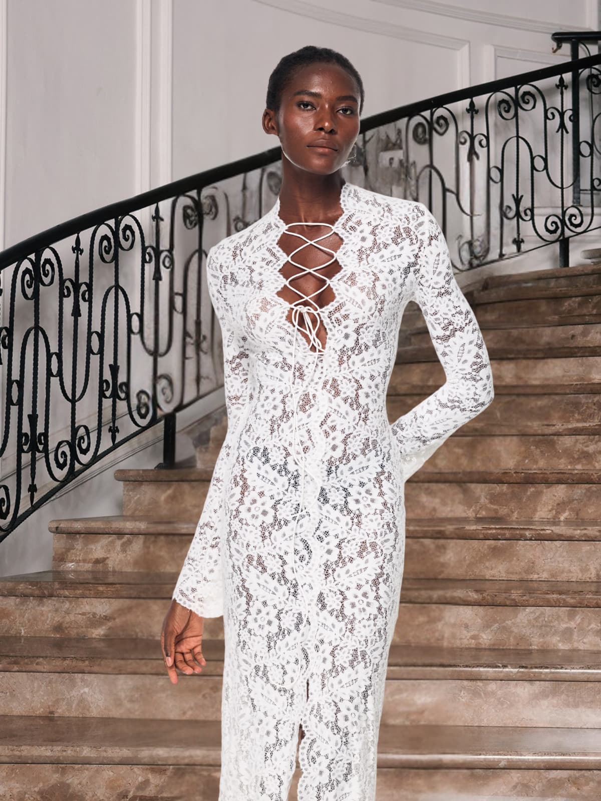 Lace Up Split Lace Midi Dress - View 4
