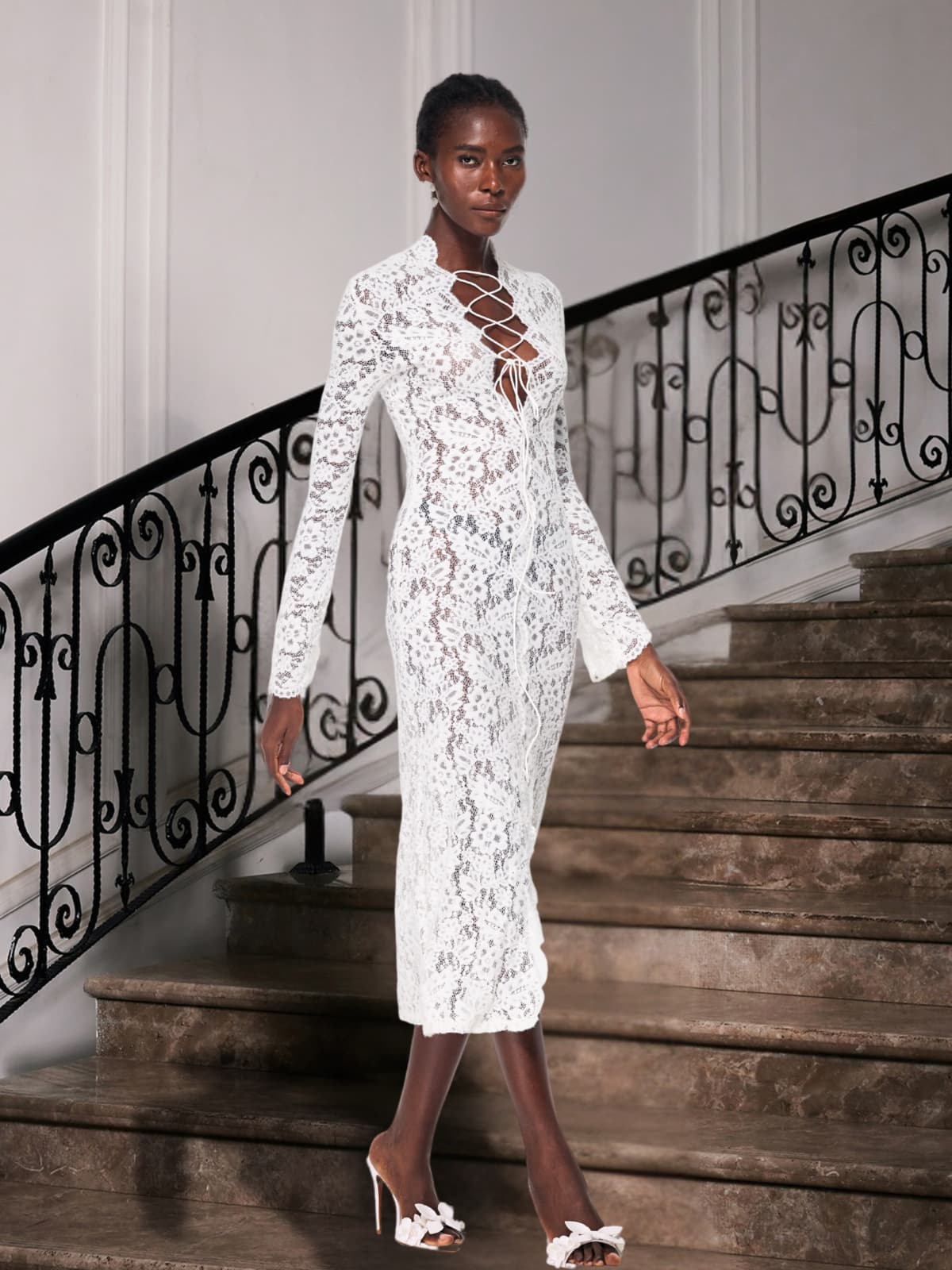 Lace Up Split Lace Midi Dress - View 3